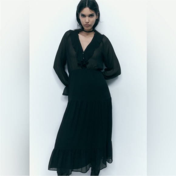 Zara Midi Dress with Ruffles Black - Picture 4 of 8